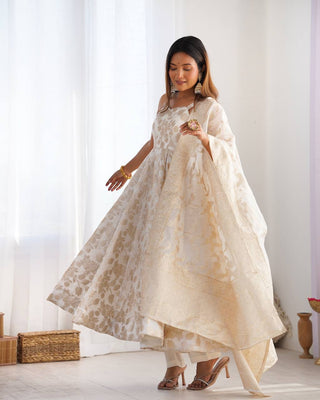 White Banarasi Silk Anarkali Set ClothsVilla