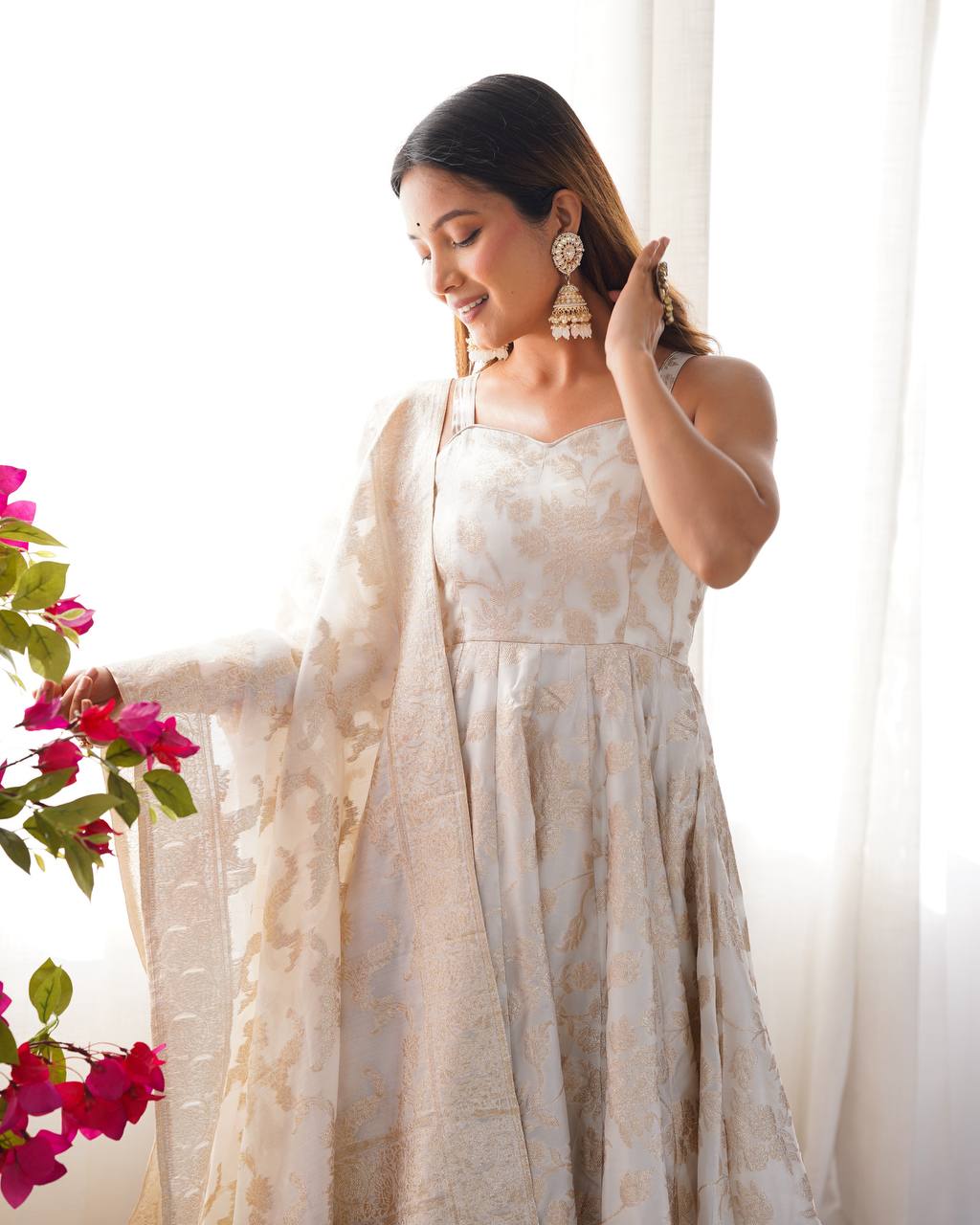 White Banarasi Silk Anarkali Set ClothsVilla