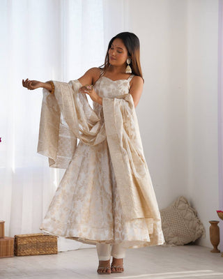White Banarasi Silk Anarkali Set ClothsVilla