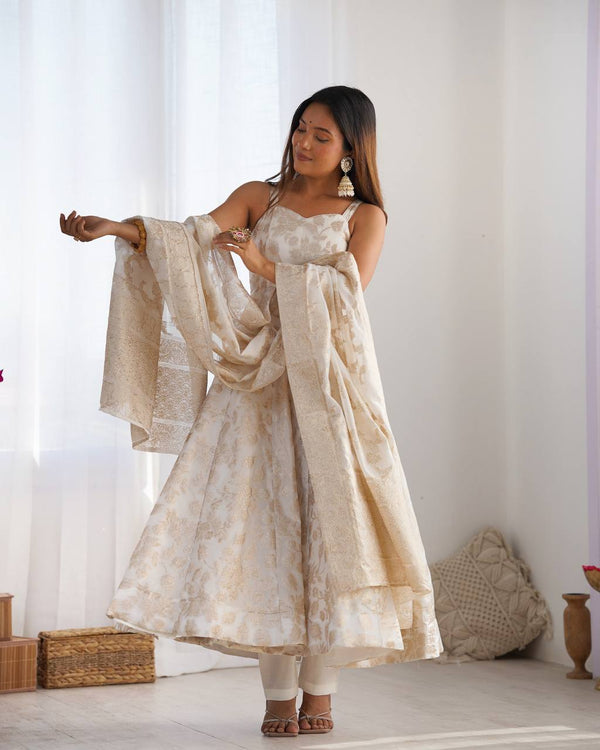 White Banarasi Silk Anarkali Set ClothsVilla