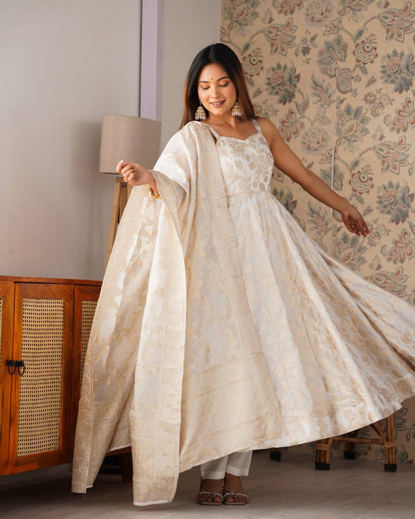 White Banarasi Silk Anarkali Set ClothsVilla