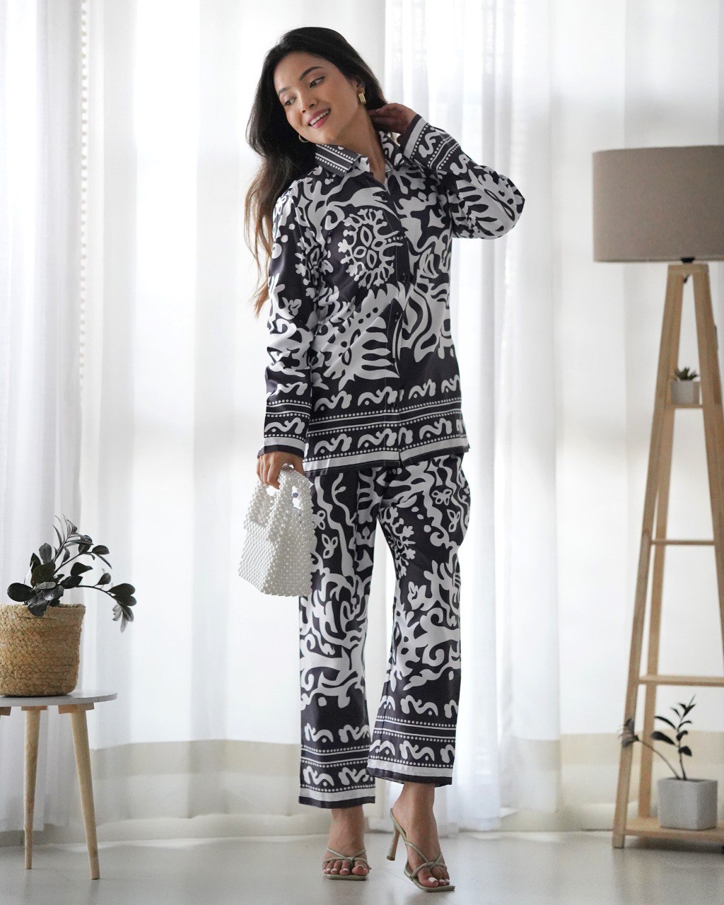 White & Black Floral Pattern Co-Ord Set Main image