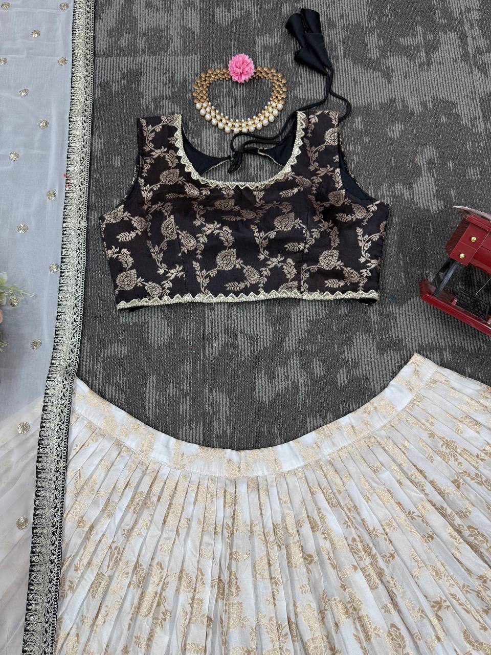 White & Black Glamorous Jequrd Semi-Stitched Lehenga Set with Sequins & Coding Work ClothsVilla