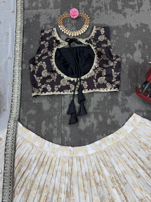 White & Black Glamorous Jequrd Semi-Stitched Lehenga Set with Sequins & Coding Work ClothsVilla