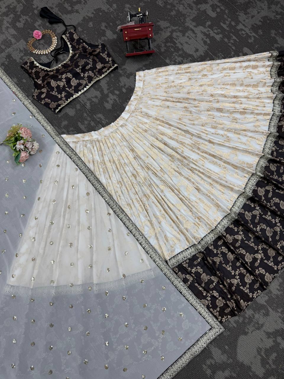 White & Black Glamorous Jequrd Semi-Stitched Lehenga Set with Sequins & Coding Work ClothsVilla