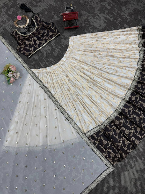 White & Black Glamorous Jequrd Semi-Stitched Lehenga Set with Sequins & Coding Work ClothsVilla