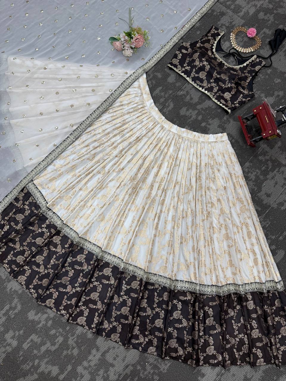 White & Black Glamorous Jequrd Semi-Stitched Lehenga Set with Sequins & Coding Work ClothsVilla
