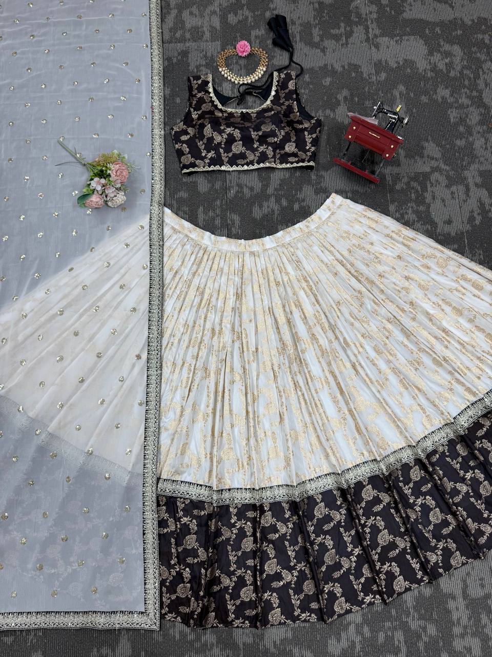 White & Black Glamorous Jequrd Semi-Stitched Lehenga Set with Sequins & Coding Work ClothsVilla