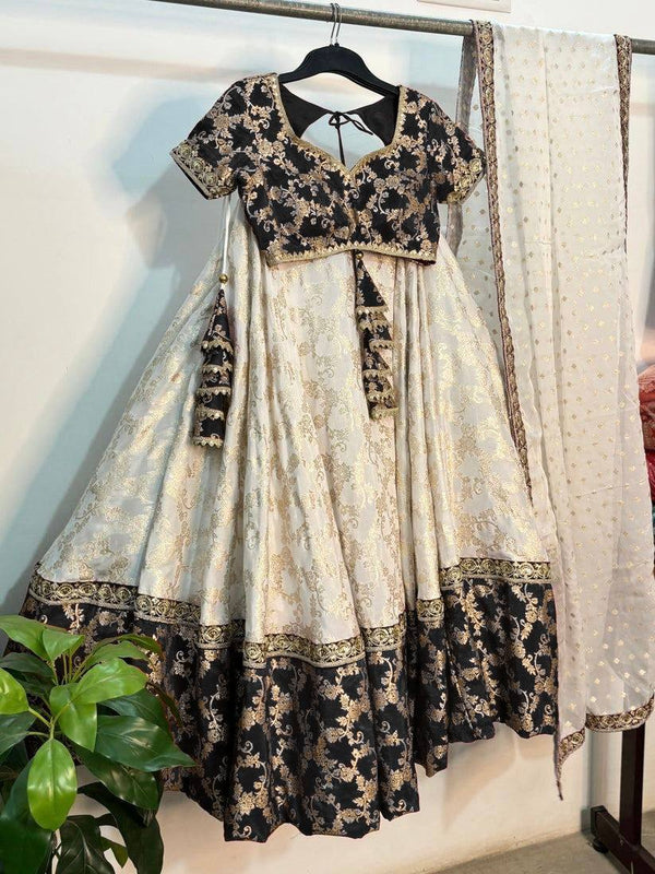 White & Black Glamorous Jequrd Semi-Stitched Lehenga Set with Sequins & Coding Work ClothsVilla
