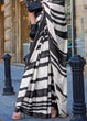 Load image into Gallery viewer, White &amp; Black Luxurious Satin Crepe Saree – Elegance with a Graceful Drape ClothsVilla