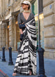 Load image into Gallery viewer, White &amp; Black Luxurious Satin Crepe Saree – Elegance with a Graceful Drape ClothsVilla