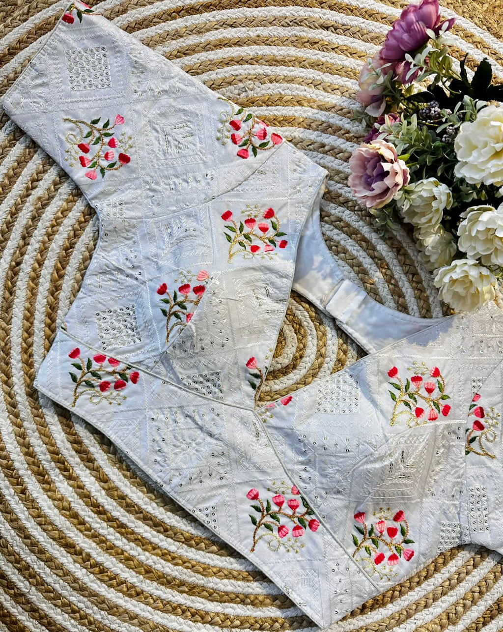 White Blooming Silk Blouse with Sequins and Tone-on-Tone Thread Work ClothsVilla