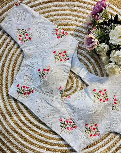 White Blooming Silk Blouse with Sequins and Tone-on-Tone Thread Work ClothsVilla
