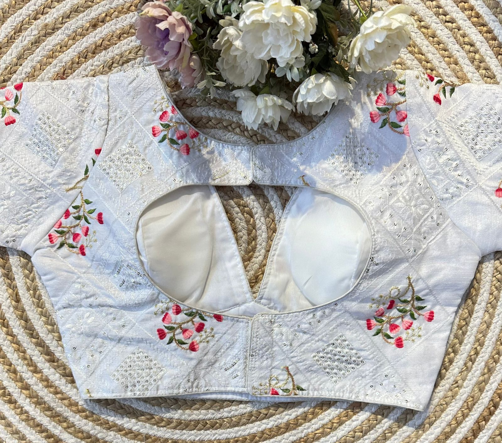 White Blooming Silk Blouse with Sequins and Tone-on-Tone Thread Work ClothsVilla
