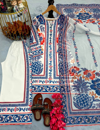White & Blue Pure American Crepe Digital Print Co-Ord Set with Chiffon Georgette Dupatta – 3-Piece Fully Stitched Ensemble ClothsVilla