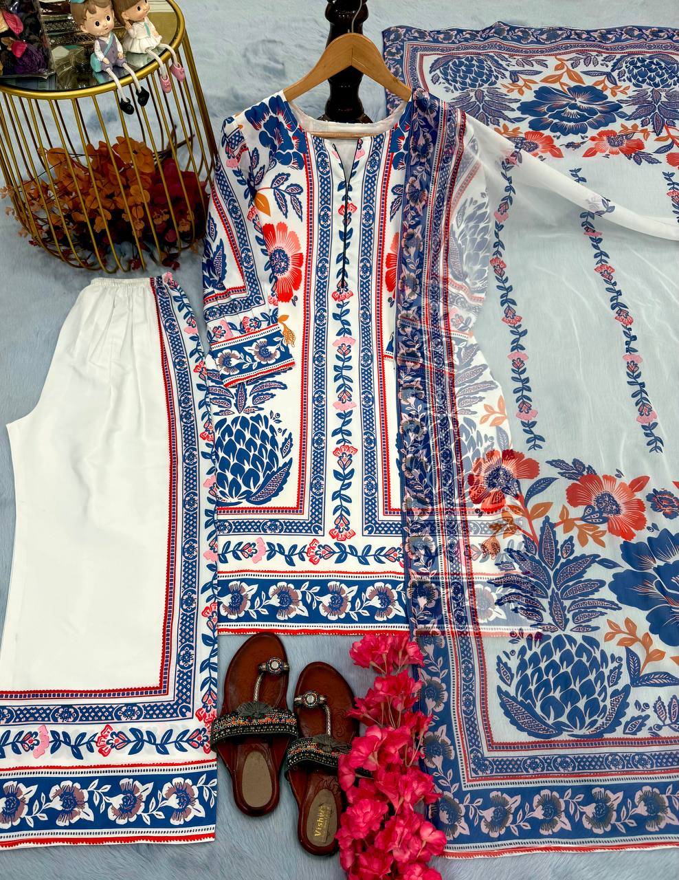 White & Blue Pure American Crepe Digital Print Co-Ord Set with Chiffon Georgette Dupatta – 3-Piece Fully Stitched Ensemble ClothsVilla