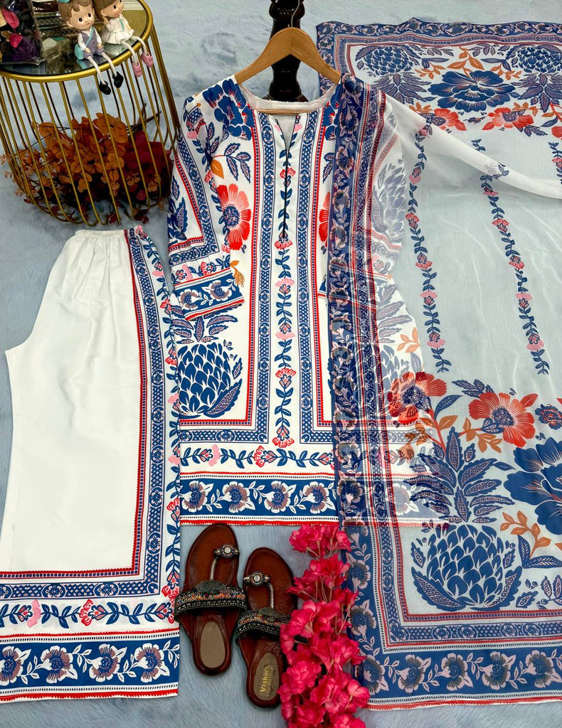 White & Blue Pure American Crepe Digital Print Co-Ord Set with Chiffon Georgette Dupatta – 3-Piece Fully Stitched Ensemble ClothsVilla