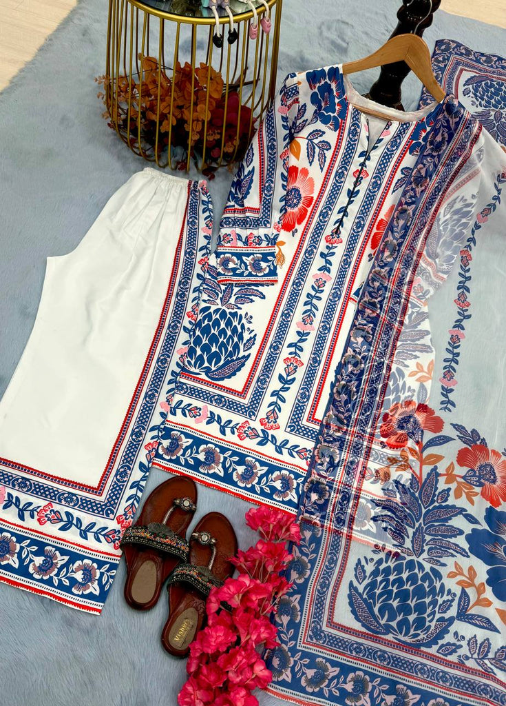 White & Blue Pure American Crepe Digital Print Co-Ord Set with Chiffon Georgette Dupatta – 3-Piece Fully Stitched Ensemble ClothsVilla