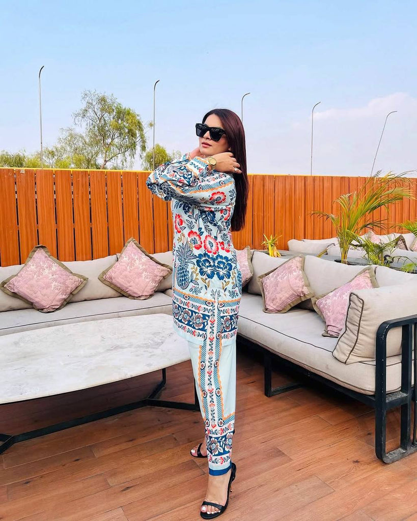 White & Blue Pure American Crepe Digital Print Co-Ord Set with Chiffon Georgette Dupatta – 3-Piece Fully Stitched Ensemble ClothsVilla