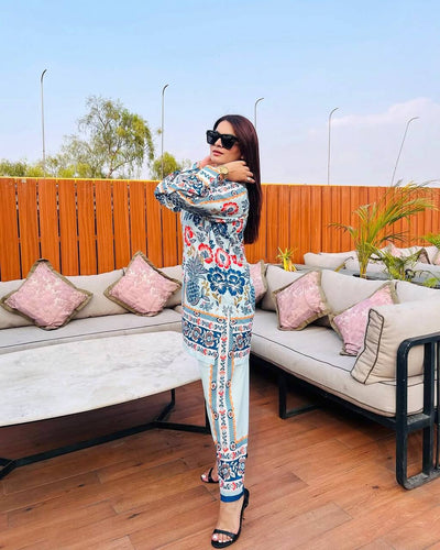 White & Blue Pure American Crepe Digital Print Co-Ord Set with Chiffon Georgette Dupatta – 3-Piece Fully Stitched Ensemble ClothsVilla