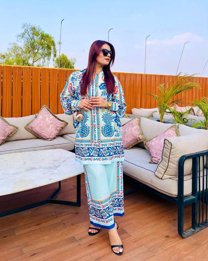 White & Blue Pure American Crepe Digital Print Co-Ord Set with Chiffon Georgette Dupatta – 3-Piece Fully Stitched Ensemble ClothsVilla
