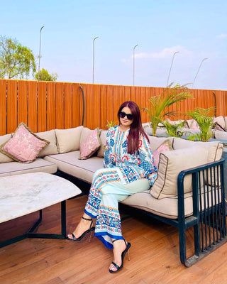 White & Blue Pure American Crepe Digital Print Co-Ord Set with Chiffon Georgette Dupatta – 3-Piece Fully Stitched Ensemble ClothsVilla