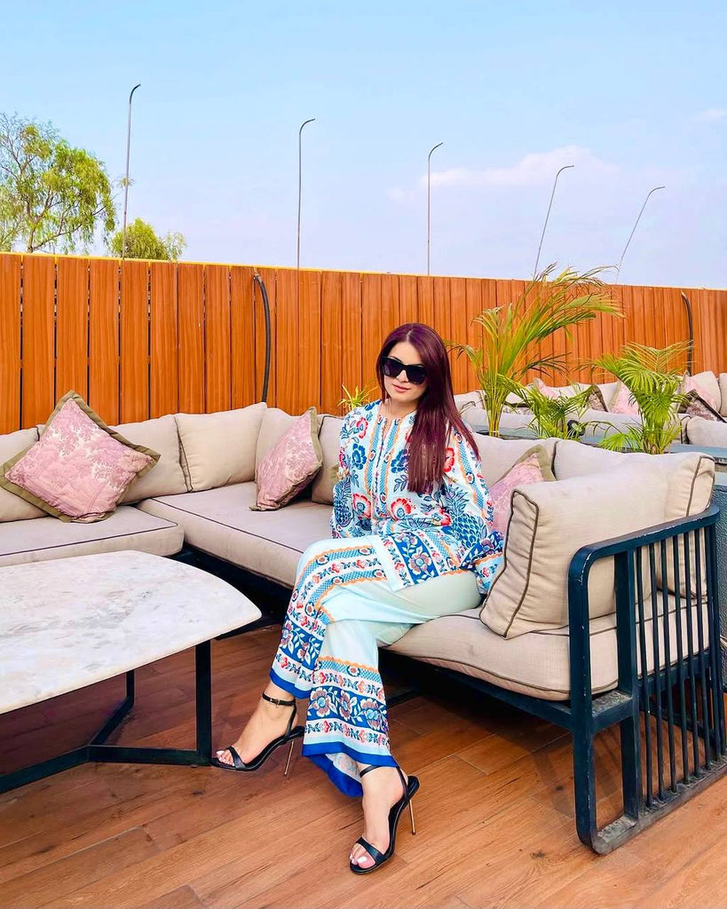 White & Blue Pure American Crepe Digital Print Co-Ord Set with Chiffon Georgette Dupatta – 3-Piece Fully Stitched Ensemble ClothsVilla