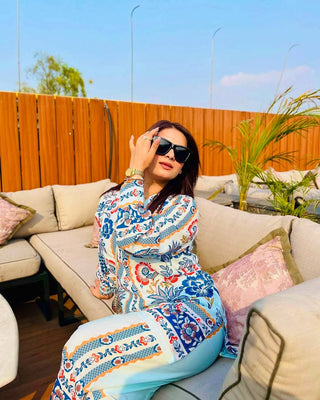 White & Blue Pure American Crepe Digital Print Co-Ord Set with Chiffon Georgette Dupatta – 3-Piece Fully Stitched Ensemble ClothsVilla