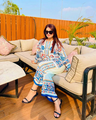 White & Blue Pure American Crepe Digital Print Co-Ord Set with Chiffon Georgette Dupatta – 3-Piece Fully Stitched Ensemble ClothsVilla