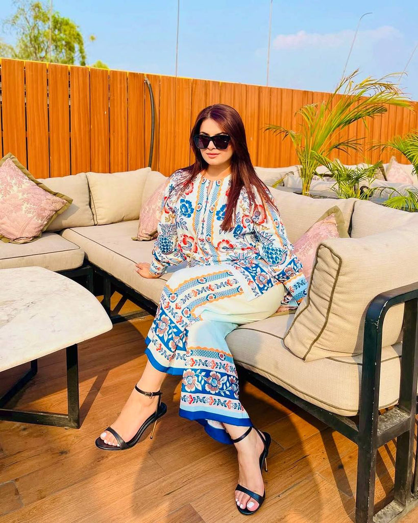 White & Blue Pure American Crepe Digital Print Co-Ord Set with Chiffon Georgette Dupatta – 3-Piece Fully Stitched Ensemble ClothsVilla