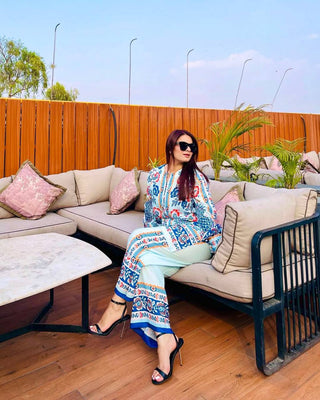 White & Blue Pure American Crepe Digital Print Co-Ord Set with Chiffon Georgette Dupatta – 3-Piece Fully Stitched Ensemble ClothsVilla