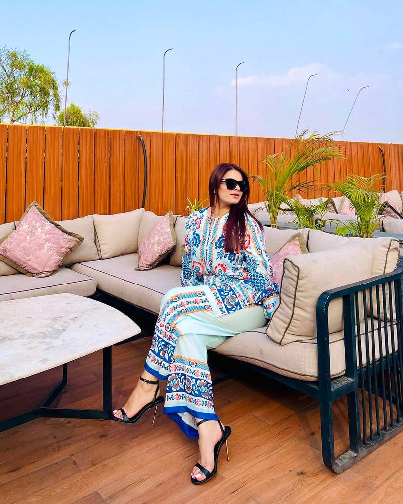 White & Blue Pure American Crepe Digital Print Co-Ord Set with Chiffon Georgette Dupatta – 3-Piece Fully Stitched Ensemble ClothsVilla