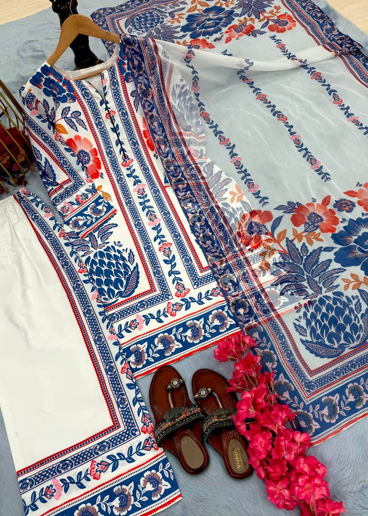 White & Blue Pure American Crepe Digital Print Co-Ord Set with Chiffon Georgette Dupatta – 3-Piece Fully Stitched Ensemble ClothsVilla