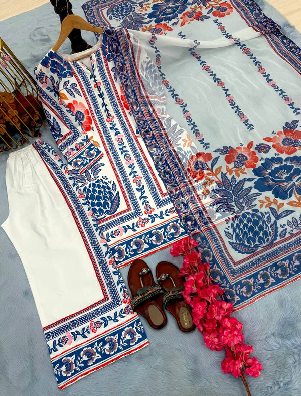 White & Blue Pure American Crepe Digital Print Co-Ord Set with Chiffon Georgette Dupatta – 3-Piece Fully Stitched Ensemble ClothsVilla