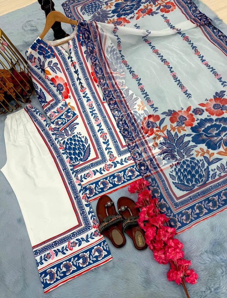 White & Blue Pure American Crepe Digital Print Co-Ord Set with Chiffon Georgette Dupatta – 3-Piece Fully Stitched Ensemble ClothsVilla