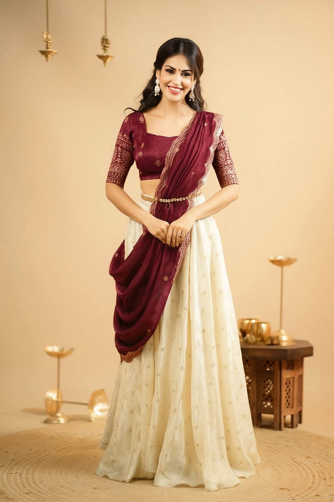 White & Brown Pure Crepe Silk Sequins & Zari Embroidered Lehenga with 5-Meter Flair, Shimmer Silk Unstitched Blouse & Matching Sequins Work Dupatta ClothsVilla