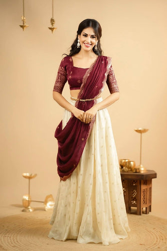 White & Brown Pure Crepe Silk Sequins & Zari Embroidered Lehenga with 5-Meter Flair, Shimmer Silk Unstitched Blouse & Matching Sequins Work Dupatta ClothsVilla
