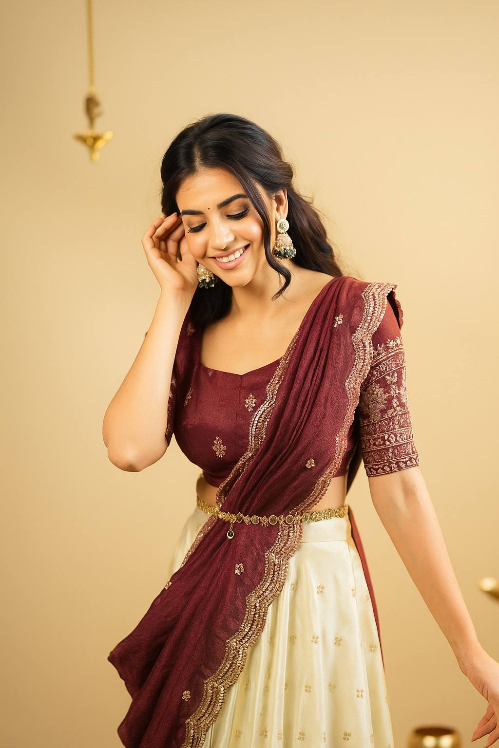 White & Brown Pure Crepe Silk Sequins & Zari Embroidered Lehenga with 5-Meter Flair, Shimmer Silk Unstitched Blouse & Matching Sequins Work Dupatta ClothsVilla