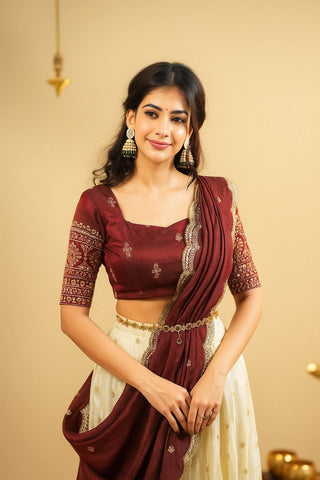 White & Brown Pure Crepe Silk Sequins & Zari Embroidered Lehenga with 5-Meter Flair, Shimmer Silk Unstitched Blouse & Matching Sequins Work Dupatta ClothsVilla