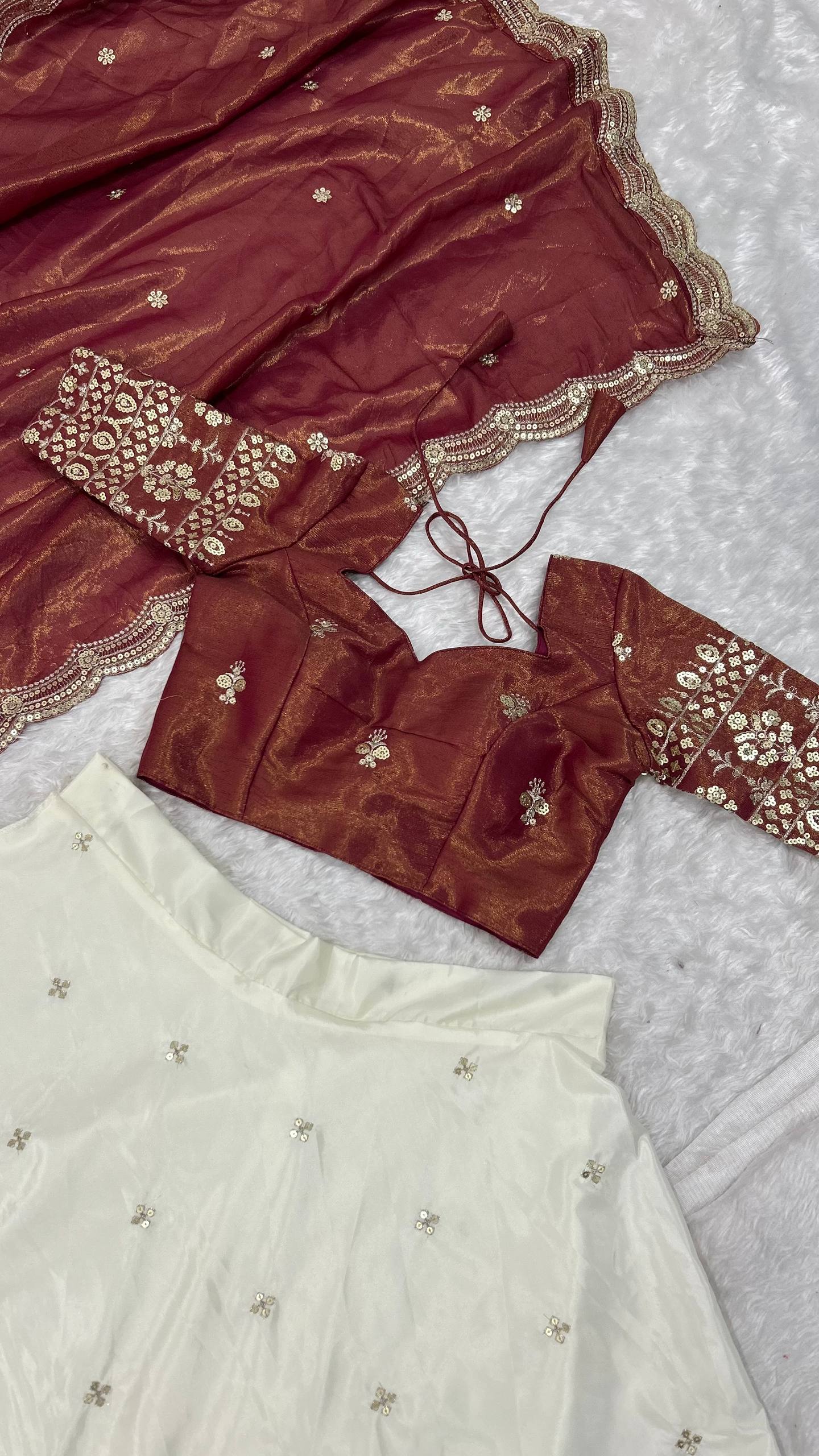 White & Brown Pure Crepe Silk Sequins & Zari Embroidered Lehenga with 5-Meter Flair, Shimmer Silk Unstitched Blouse & Matching Sequins Work Dupatta ClothsVilla
