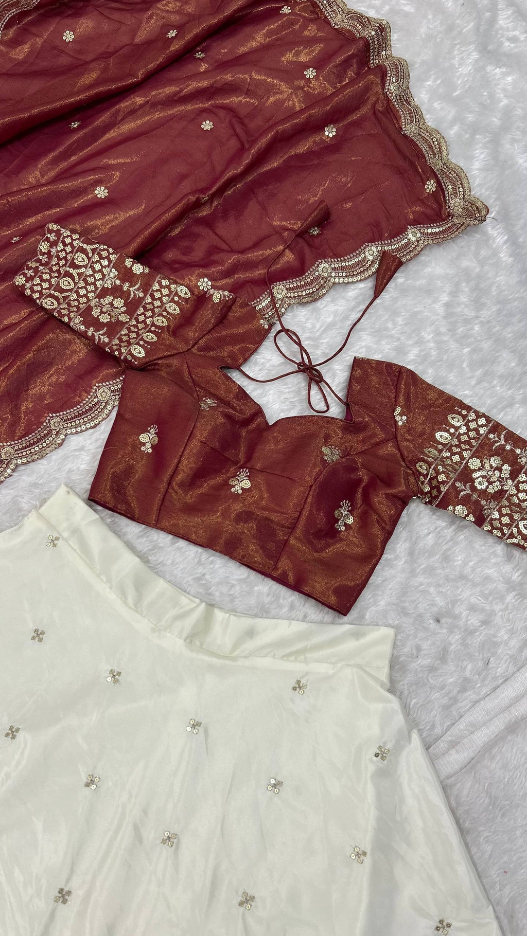 White & Brown Pure Crepe Silk Sequins & Zari Embroidered Lehenga with 5-Meter Flair, Shimmer Silk Unstitched Blouse & Matching Sequins Work Dupatta ClothsVilla