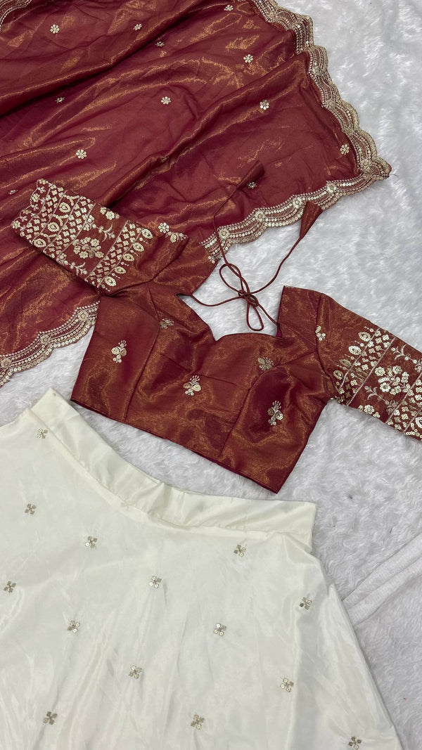White & Brown Pure Crepe Silk Sequins & Zari Embroidered Lehenga with 5-Meter Flair, Shimmer Silk Unstitched Blouse & Matching Sequins Work Dupatta ClothsVilla