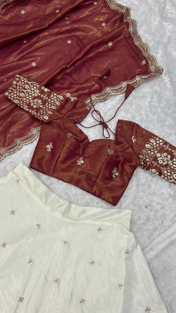 White & Brown Pure Crepe Silk Sequins & Zari Embroidered Lehenga with 5-Meter Flair, Shimmer Silk Unstitched Blouse & Matching Sequins Work Dupatta ClothsVilla