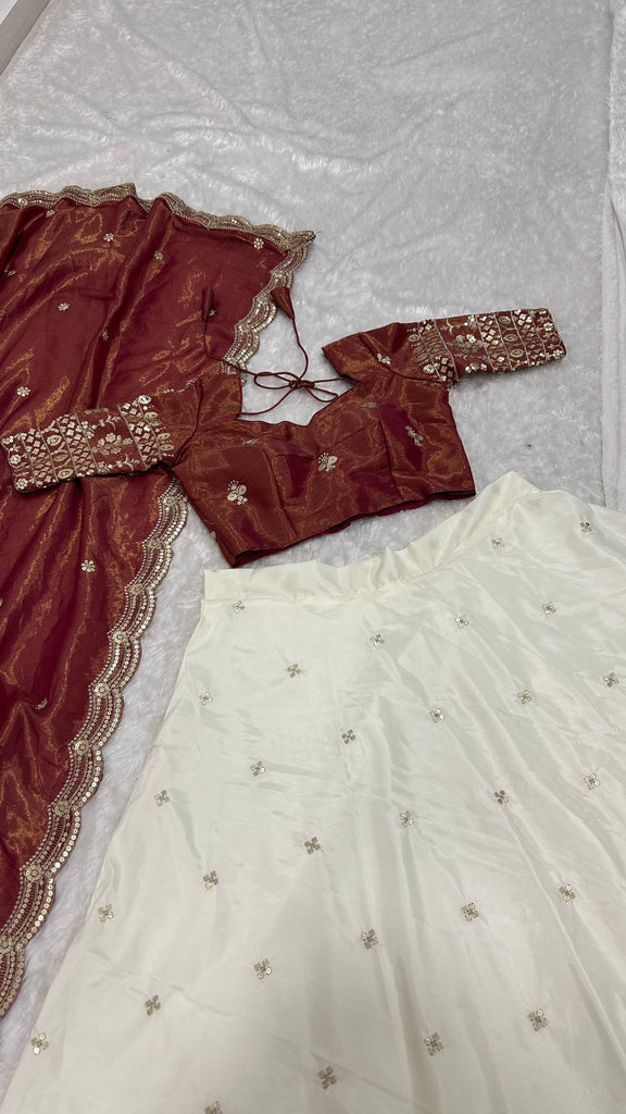 White & Brown Pure Crepe Silk Sequins & Zari Embroidered Lehenga with 5-Meter Flair, Shimmer Silk Unstitched Blouse & Matching Sequins Work Dupatta ClothsVilla