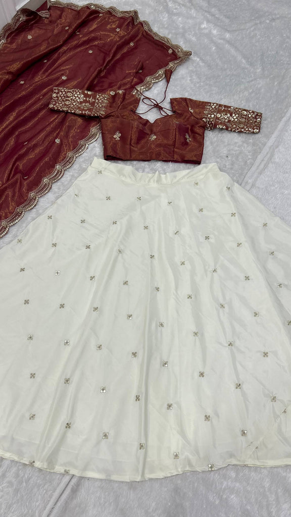 White & Brown Pure Crepe Silk Sequins & Zari Embroidered Lehenga with 5-Meter Flair, Shimmer Silk Unstitched Blouse & Matching Sequins Work Dupatta ClothsVilla