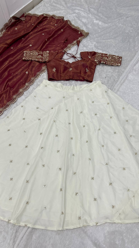 White & Brown Pure Crepe Silk Sequins & Zari Embroidered Lehenga with 5-Meter Flair, Shimmer Silk Unstitched Blouse & Matching Sequins Work Dupatta ClothsVilla