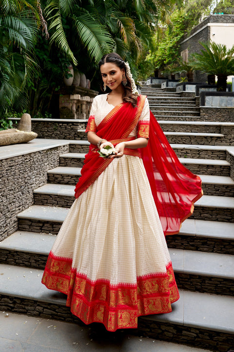 White Checks Zari Weaving Lehenga Set ClothsVilla Main image