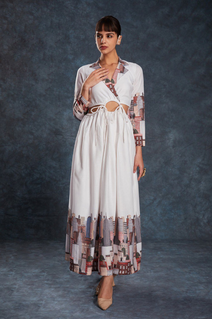 White Chic Printed Linen Maxi Dress Ready to Wear White Chic Printed Linen Maxi Dress Ready to Wear
