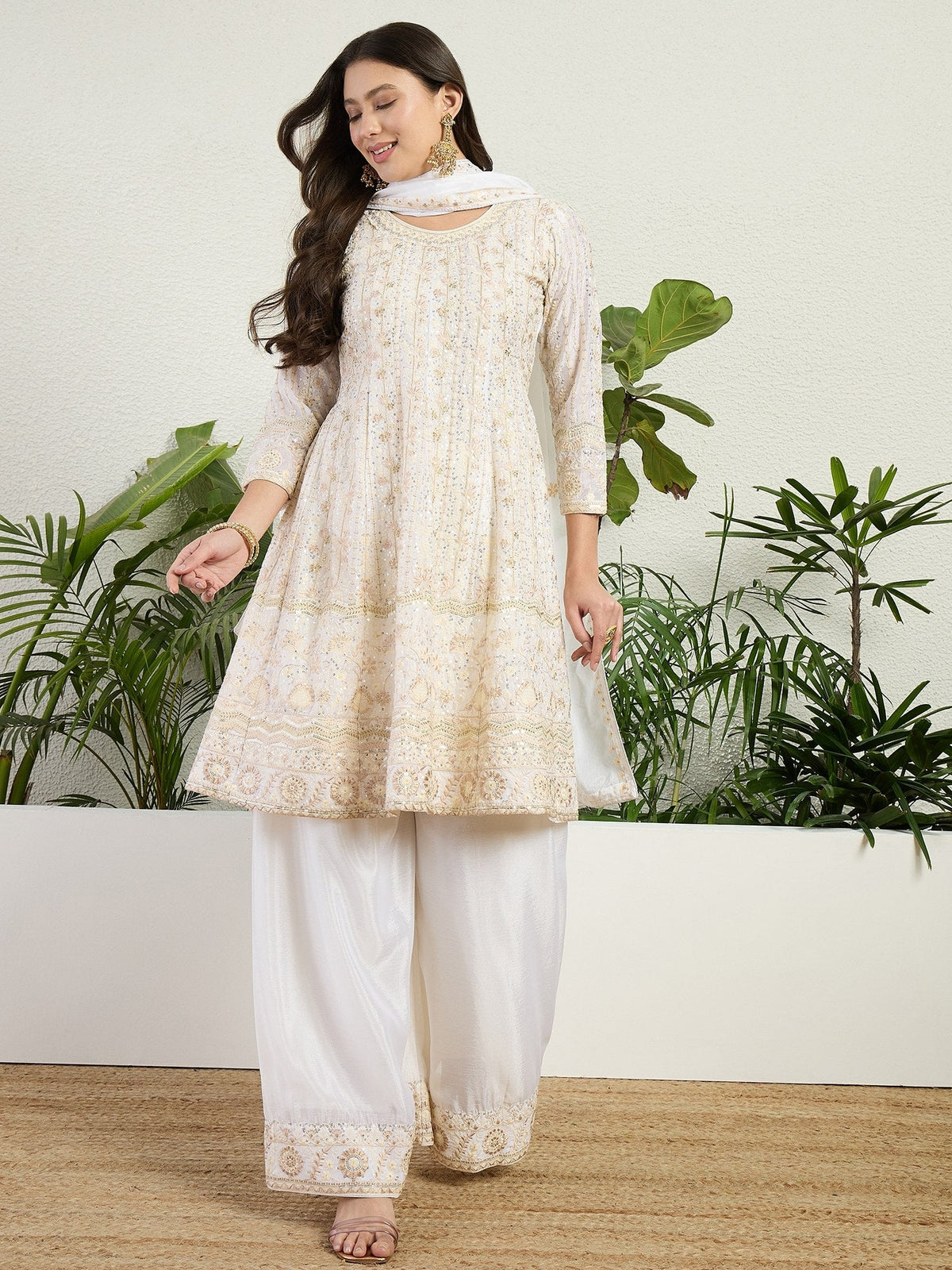 White Chinon Embroidered Palazzo Set ClothsVilla Main image