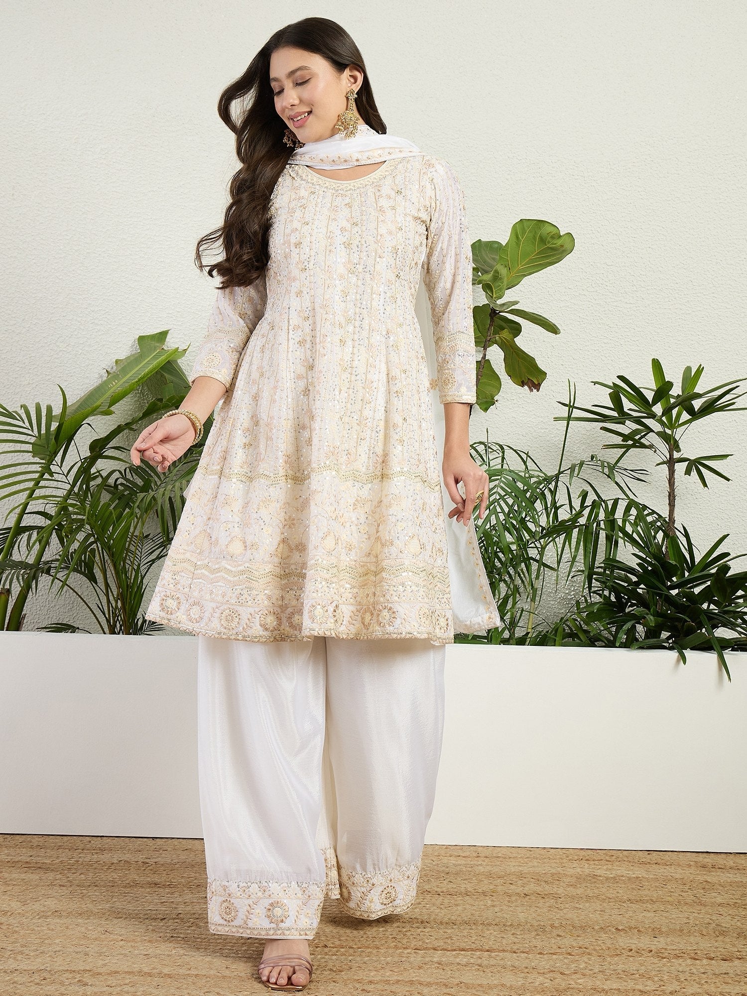 White Chinon Embroidered Palazzo Set ClothsVilla